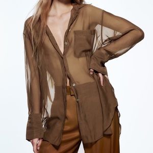 zara semi sheer fluid blouse in brown. Size XS